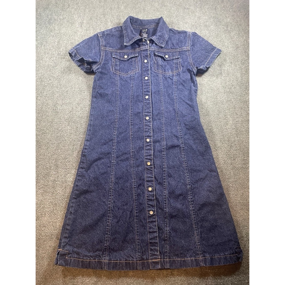 GAP Denim Dress Dark Wash Pearl Snap Button Front Short Sleeve Girls 10
